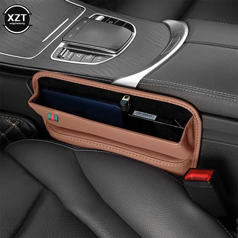 (Marron) Console de voiture en similicuir marron, organisateur de siège avant pour téléphone portable, clés et petits objets, intérieur automobile (1/4)