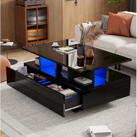 Mesa de centro de tablero de partículas negro brillo 90 cm con LED y 2 cajones (1/5)