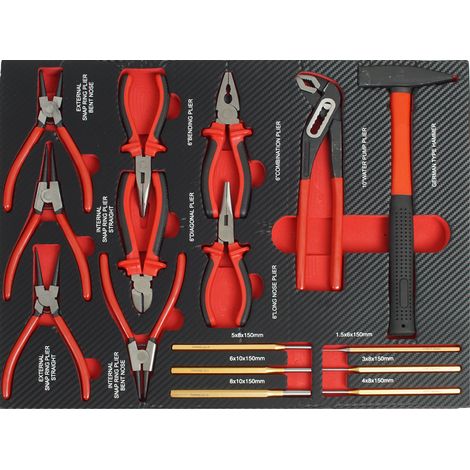 Profi Werkzeugeinlage Werkstattwagen 16 tlg. Hammer, Zangen, Durchschläger Mechaniker 51x40x4 cm rot