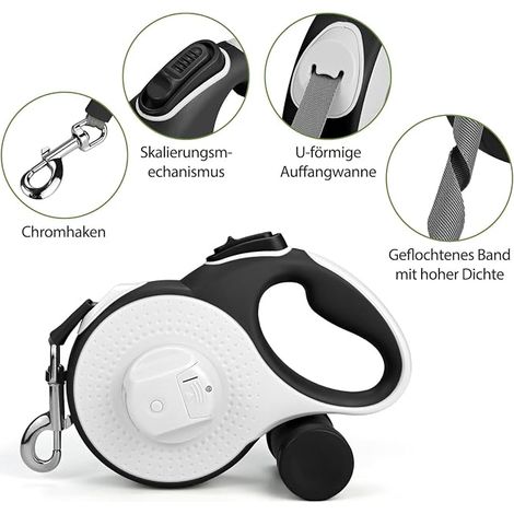 Laisse pour chien de 8 m - Laisse enroulable avec lumière LED et support de sac à déjections canines - Laisse anti-nœuds - Bouton de frein rapide et poignée antidérapante - Pour chiens jusqu'à 50 kg (1/4)