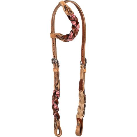 Testiera western in cuoio ad orecchio con decorazioni intrecciate rosa