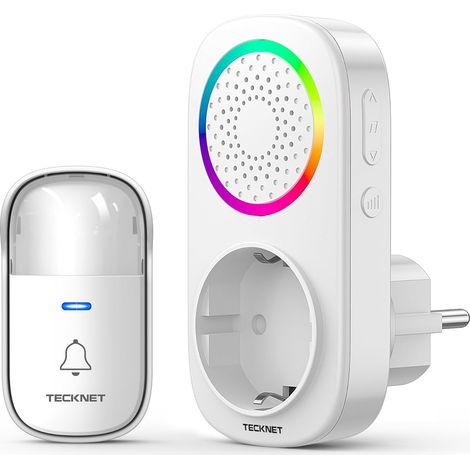 Sonnette sans Fil 300M Sonnette RGB de Porte sans Fil Auto-alimentée IP65 Étanche Carillon Electronique Kit de Carillon avec Récepteurs Enfichables 60 Mélodies 5 Niveaux Volumes (1/5)