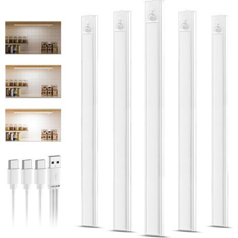 5 Pièce Lampe LED Rechargeable,40CM Blanc Froid Reglette led Cuisine, Lumiere Detecteur de Mouvement Interieur Sous Meuble Placard Eclairage, Intensité Variable, Installation Magnétique (1/5)