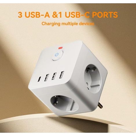 ORION91oficial® 7-in-1 Power Strip with Surge Protection, featuring 3 AC outputs, 3 USB ports, and 1 Type-C port, ideal for quick charging, made in China with CE certification. (1/5)