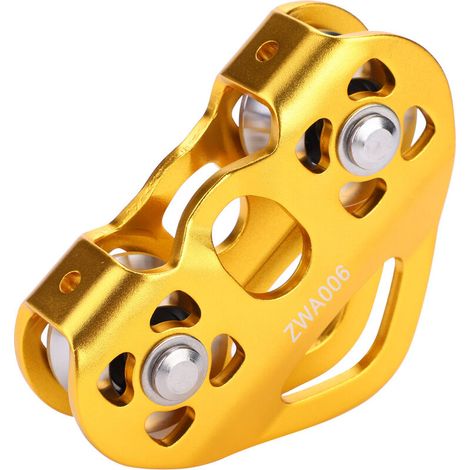 SJLERST Carro de cable de doble polea para tirolina, polea de escalada, rescate para montañismo y rápel (dorado) (1/3)