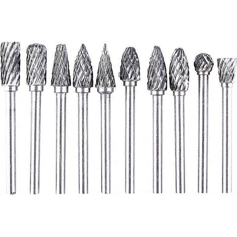 10 fraises en carbure de tungstène de 3,175 mm (1/8"), fraises rotatives à double coupe, queue de 3 mm, compatibles avec les outils rotatifs Dremel, fraises à graver et à fraiser.