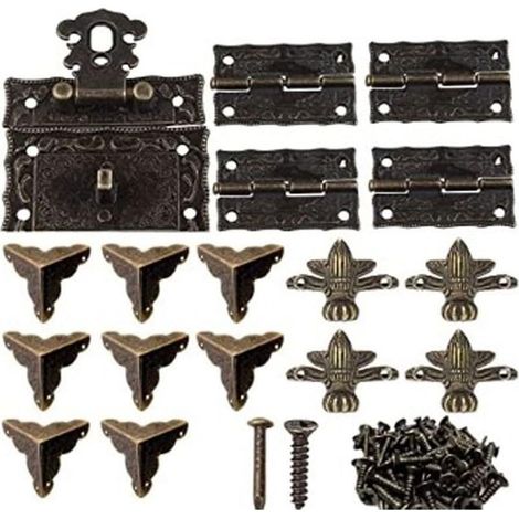 Kit de restauration de boîte en bois avec 17 pièces de fixations en alliage de zinc de style antique avec charnières et renforts d'angle (1/5)