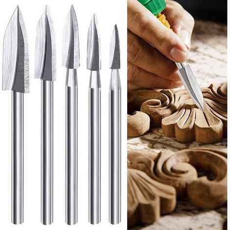 Outils Sculpture sur Bois 5 Pièces Wood Carving and Engraving Drill Bit Set pour Fraise à Bois Accessoires pour le Bricolage, la Gravure et le Perage (Argent) (1/5)