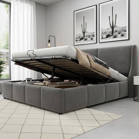 Letto contenitore 140x190 cm, con rete a doghe, testiera a forma di orecchie, meccanismo idraulico, in velluto, struttura in metallo, letto matrimoniale con contenitore - Grigio