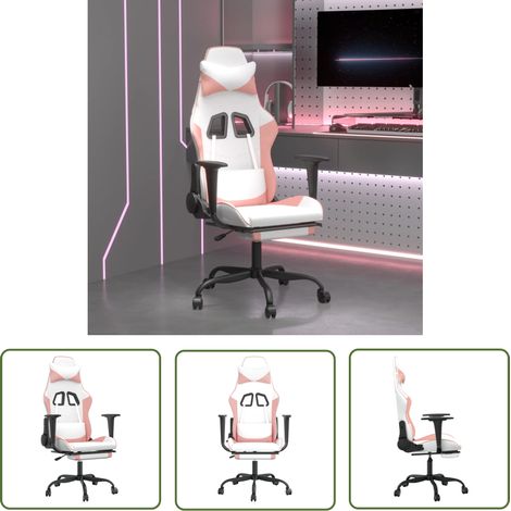 vidaXL Gaming Chair with Footrest White and Pink Faux Leather