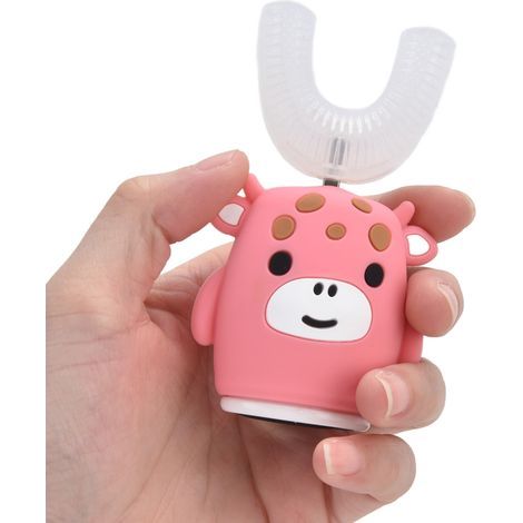 Wiederaufladbare elektrische U-Zahnbürste für Kinder, niedliches rosa Kuh-Design, sanftes Putzen, geeignet für ältere Kinder, eingebauter Lithium-Akku (1/5)