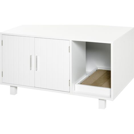 Meuble Litière en Bois pour Chats avec 2 Portes et Griffoir Intégré, Ouverture Latérale, Design Élégant en Blanc (1/5)