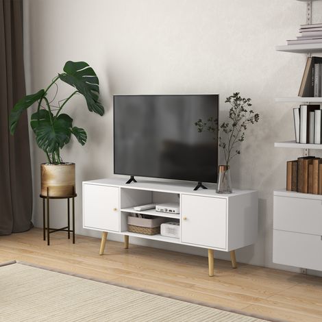 Meuble TV style scandinave 2 portes 2 niches passe-fils piètement bois pin panneaux - 120 x 34 x 50 cm blanc blanc