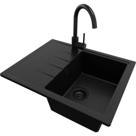 PRIMAGRAN Evier Cuisine en Granit 62x50cm, Lavabo 1 bac + Robinet 32x20cm + Kit de Vidage, Évier à Encastrer au meuble 40cm - Milan, Tout Noir (1/5)