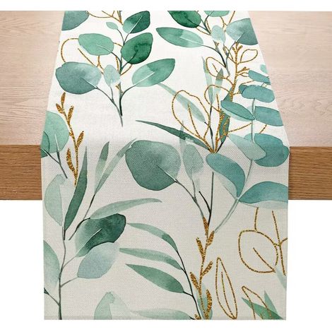 Chemin de table motif feuilles vertes printemps été décoration de table rustique rustique chemin de table 33 x 183 cm (1/5)