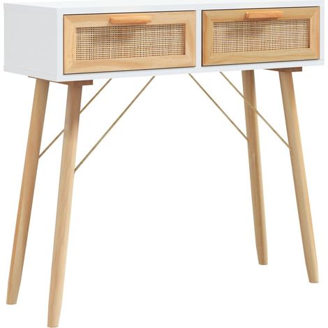 Table console，Table d'appoint，Bout de canapé，Meuble d'entrée Blanc 80x30x75 cm Bois massif pin /rotin naturel