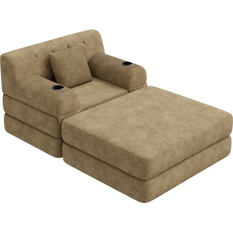 Fauteuil-lit 1 place en velours côtelé avec repose-pieds, fonction lit escamotable, dossier haut, cadre métal, kaki (1/5)