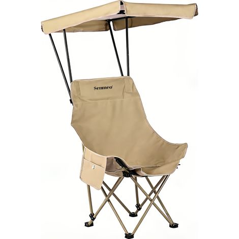 Chaise Camping avec Auvent Solaire – Cadre Stable, Charge 140kg. Pliable & Compacte avec Poche Latérale. Pour Jardin/Pêche. Modèle (Kaki). (1/5)