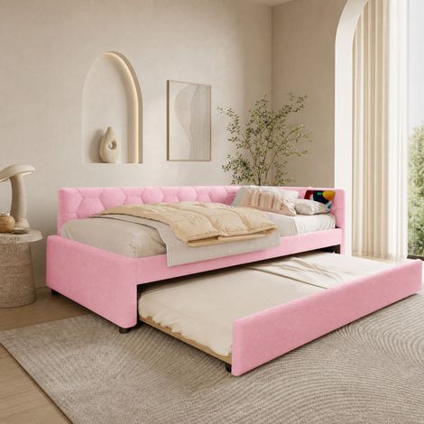 Letto estraibile per bambini 90x200 in peluche rosa, salvaspazio, senza materasso FloraGrace (1/5)