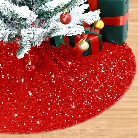 Jupe sapin Noël 90cm paillettes rouges, velours brodé décoratif pour Noël et Halloween (1/4)