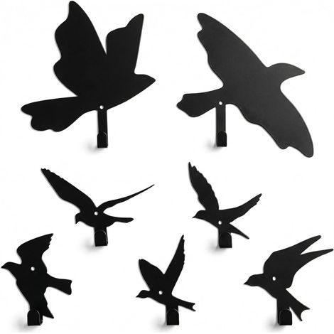 Lot de 7 patères murales, noires, motif oiseaux, robustes, pour couloir et salle de bain, gain de place, design moderne, pour couloir et salle de bain, pour porte-serviettes (1/5)
