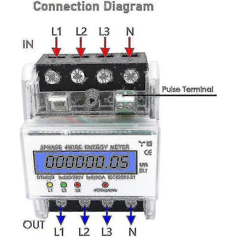 Compteur d'énergie triphasé 4 fils 220/380 V 5-80 A - Mesure de la consommation d'énergie (kWh) - Installation sur rail DIN - Affichage numérique LCD rétroéclairé