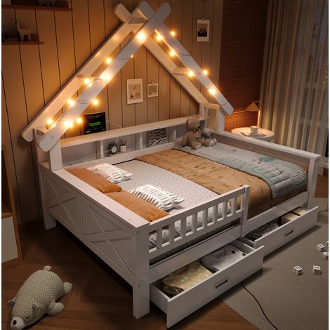 Letto a piattaforma 140x200 cm bianco in pino e MDF con LED, cassetti, ripiani e sponde (1/5)
