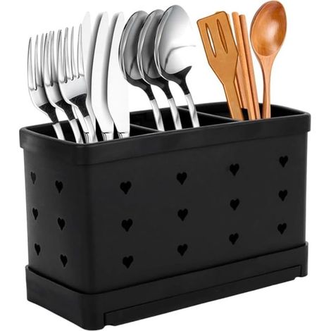 1 pcs Large Capacity Stainless Steel Kitchen Utensil Holder with 3 Compartments, Multi-Function Drainer for Cutlery, Forks, Knives, Spoons (1/5)