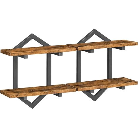 Lot de 2 Étagères Murales à 2 Niveaux, Style Industriel, Cadre Métallique Hexagonal, Modulable à Assembler Soi-Même, pour Salon, Chambre, Salle de Bains, Cuisine, Marron Rustique EBF13BJP201 (1/5)