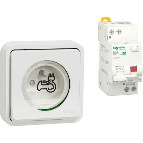Schneider Electric – Pack prise de courant 2P + T renforcée pour VE Mureva Styl encastrée – Disjoncteur différentiel 16A – Indice de protection IP44 – Blanc