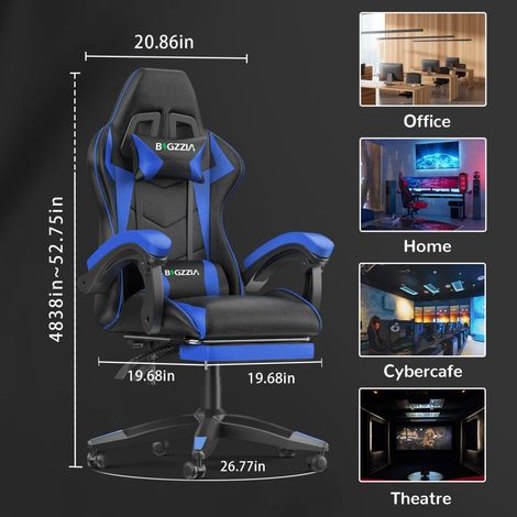 Ergonomic PU Leather Racing Gaming Chair with Footrest 155° Reclining Backrest Swivel Office Chair Black+ Blue (1/3)