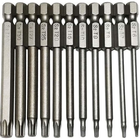 Embouts Torx de sécurité, 11 pièces, entraînement hexagonal 1/4 pouce, T6 T7 T8 T9 T10 T15 T20 T25 T27 T30 T40, longueur 3 pouces, acier S2, jeu de forets et tournevis (11 pièces, 75 mm)- (1/4)