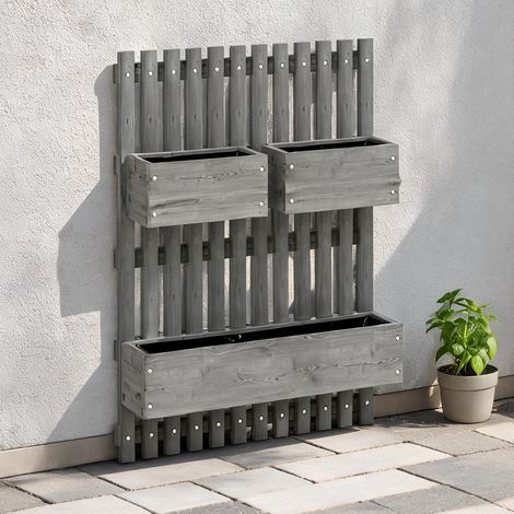 Jardin mural en bois massif gris 3 bacs 60 x 16 x 80 cm (1/5)