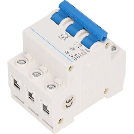 Disjoncteur miniature triphasé, monté sur rail, protecteur contre les courts-circuits, 400 V 25 A, pouvoir de coupure 6000 A.