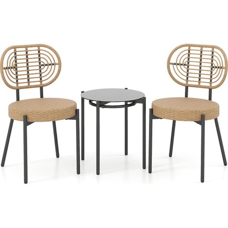 3-teiliges Rattan-Gartenmöbelset mit Glastisch, Braun