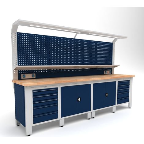 Établi d'atelier industriel 3100 mm PRACO W T75 – Plateau en hêtre massif - Éclairage LED - Tiroirs et armoire MW Tools PRAW3100T75 (1/3)