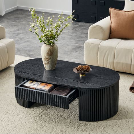 Mesa de centro ovalada (118x65x17 cm), con cajón extraíble, diseño acanalado, MDF negro (1/5)