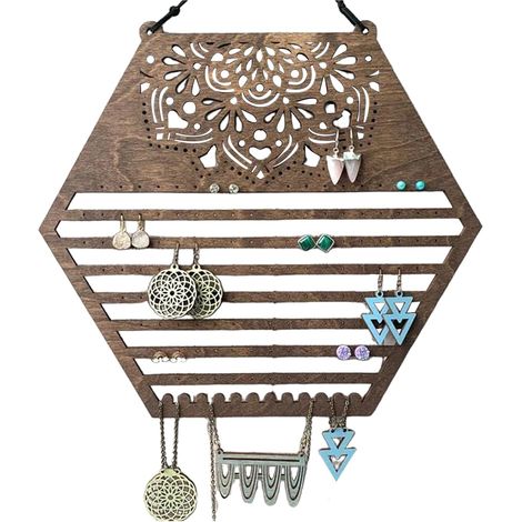 Porte-boucles d'oreilles en matériau naturel hexagonal, rangement de bijoux créatif, art mural, idéal pour le salon et la chambre, 24 x 23 x 20 cm