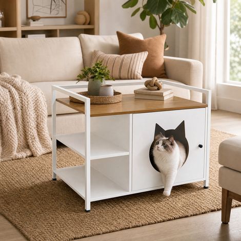 Meuble d'angle pour chat avec passage tête, table basse à 2 rayonnages et coffre de rangement, meuble design pour félin, salon ou chambre, finition blanc et bois (1/5)