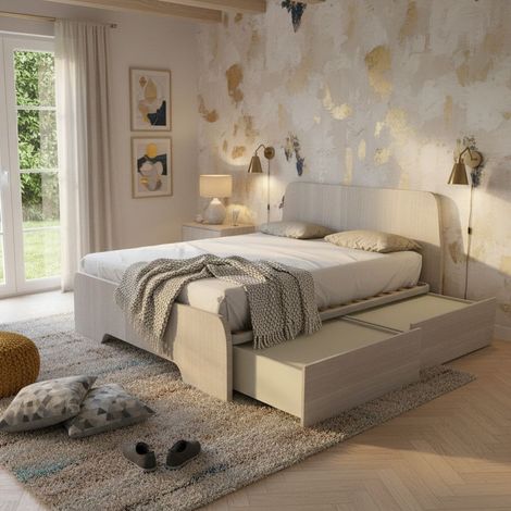 Letto matrimoniale 160x200 con testate sagomate e cassettoni - Rovere rock (1/5)