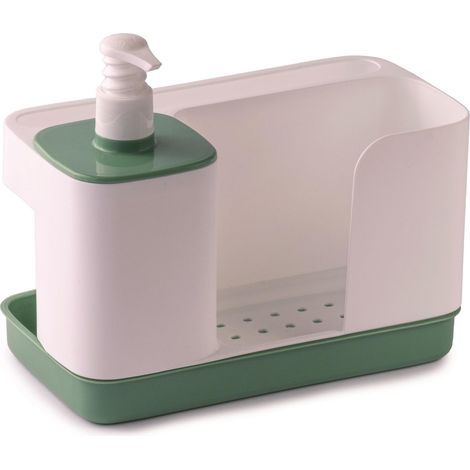 Snips Riordinello - Dispenser Sapone Cucina e Bagno 3in1, Set Porta Spugne Lavello Cucina, Porta Sapone Dosatore 400ml e Strofinacci, Organizer Lavello Salvaspazio 21x12x18 Made in Italy, Bianco/Verde (1/4)
