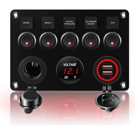 5 Gang Panneau de Interrupteur, Interrupteur à Bascule Panneau Tableau Électrique 12V/24V Camping Car Bateau Camion Remorque Interrupteur Etanche Double USB (Rouge) (1/5)