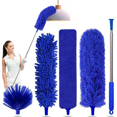 Kit Plumeau 5 En 1 - Manche Extensible 254 Cm - Têtes Interchangeables Microfibre Laine De Mouton Brosse Plate Et Pour Toiles D Araignée - Bleu (1/5)