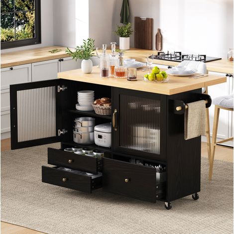 Isla de cocina móvil con ruedas y mesa extensible, MDF negro y natural HAVRYA (1/5)
