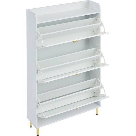 Meuble à chaussures blanc mat à trois portes basculantes et six compartiments, pieds et poignées dorés, 80 x 23,5 x 123,5 cm, MDF (1/5)