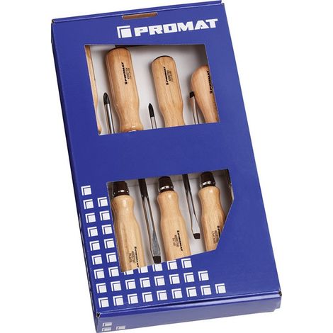 Set di 7 cacciaviti a taglio / PH / alesatori, misura legno. Lama tonda con attacco da 6 ct