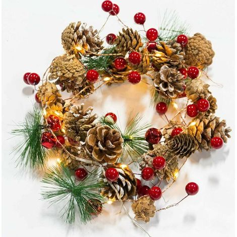Lumières de Noël Lumières de décoration de Noël,baies rouges,pommes de pin,guirlande de baies Décoration Guirlande de Noël avec des pommes de pin de Noël à piles LED Guirlande lumineuse (colorée) (1/5)