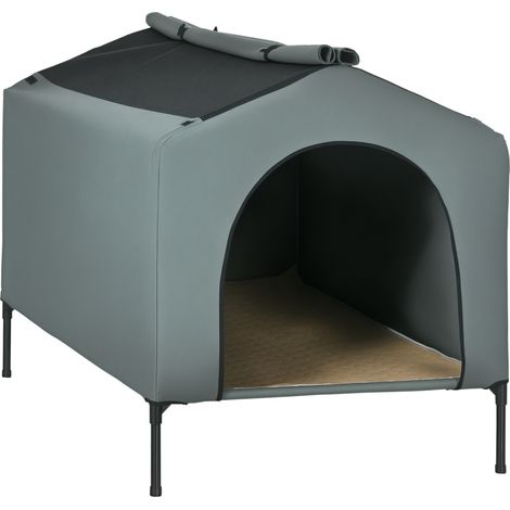 Beyamis Hundehütte mit Außenabdeckung, 130 x 85 x 95 cm, erhöhtes Hundebett mit Kissen für große Hunde, Grau