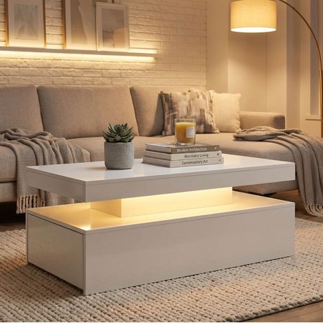 Table basse LED 100x50x40 cm en bois blanc, avec rangement pour salon moderne FloraGrace (1/5)