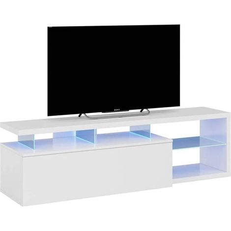 Hogar24 – Meuble TV laqué blanc brillant avec LED – Dimensions 150 x 41 x 43 cm – Tiroir large et étagères en verre – Montage rapide (1/5)